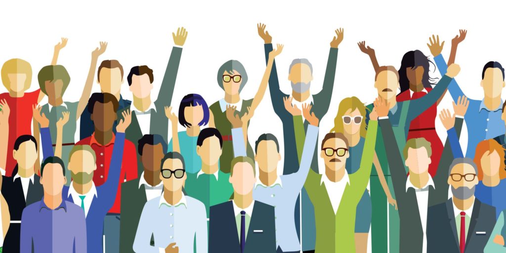 Illustration of a group of happy employees raising their hands in celebration