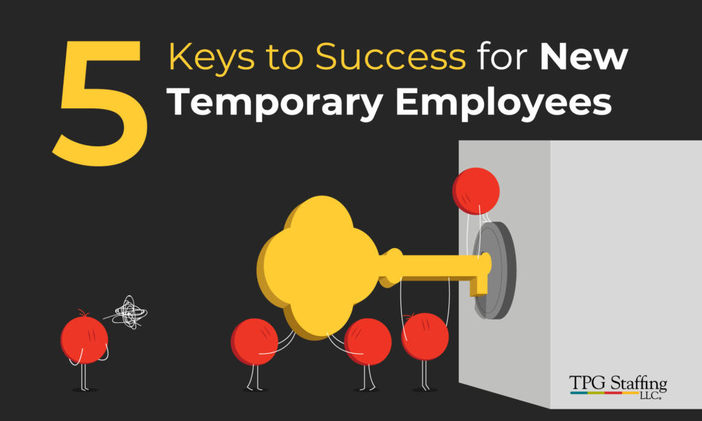 Illustration showing a large key being inserted into a large lockbox with red icons symbolizing new temporary employees