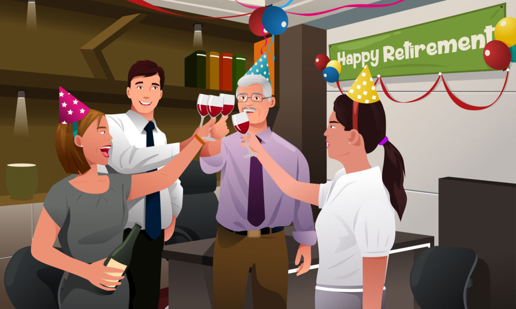 Illustration of coworkers toasting a senior employee at his retirement party