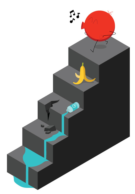 illustration of icon symbol of an employee not paying attention and about to slip on a banana peel and fall down the stairs