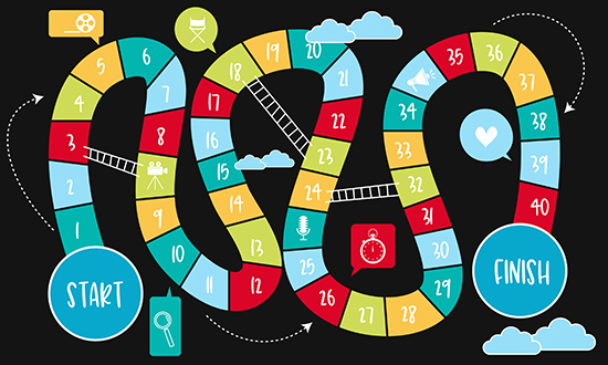 boardgame with different colored spaces showing going back to the beginning
